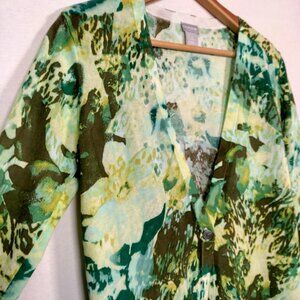 Chicos Size 0 US Small Cardigan Sweater Button Green Abstract Long Lightweight